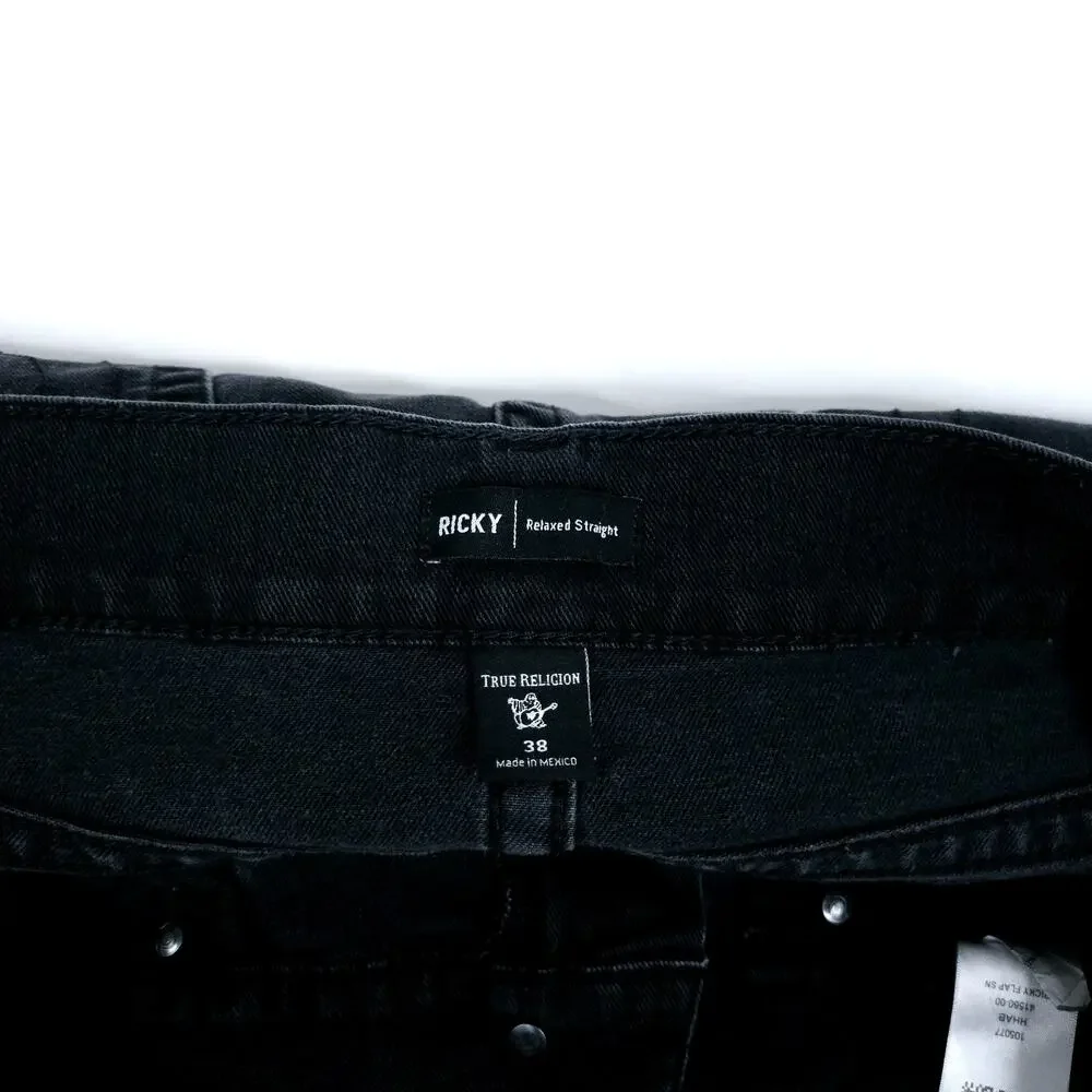 True Religion Ricky Relaxed Straight Jeans Mens 38 Black Flap Pocket 38X34